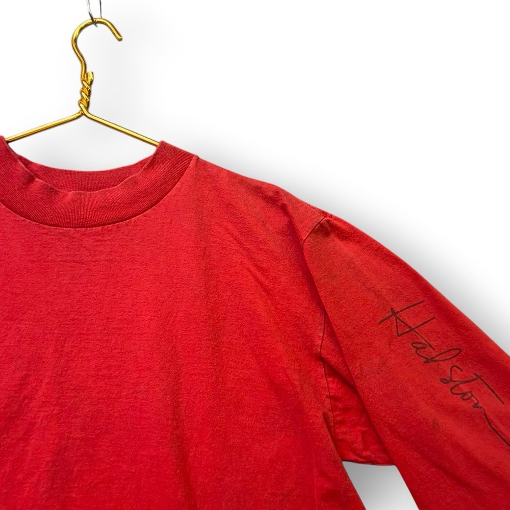 Vintage Halston Single Stitch USA Red Long Sleeve T Shirt Distressed Blank XL